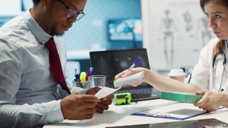 Physician recommending vitamins and painkillers on healthcare insurance