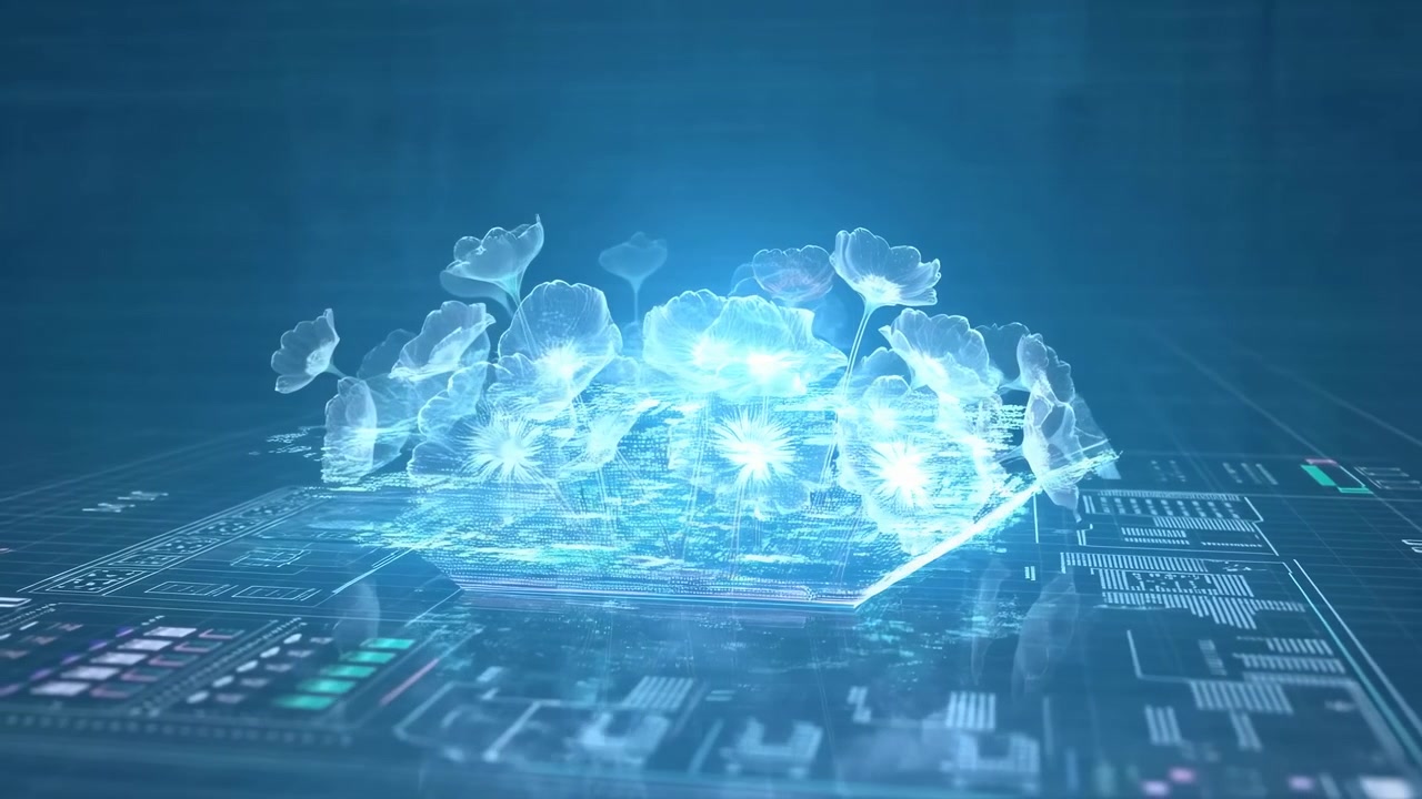 Low oblique close-up shows translucent holographic flowers blooming above illuminated digital interface panel, with poppy-like petals, bright cyan cores, fine veins, mesh base, and soft neon