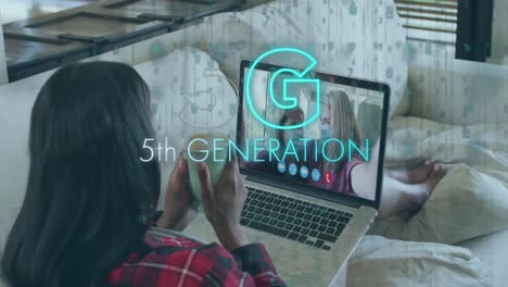 animation of 5g 5th generation text over woman using laptop on video call in background