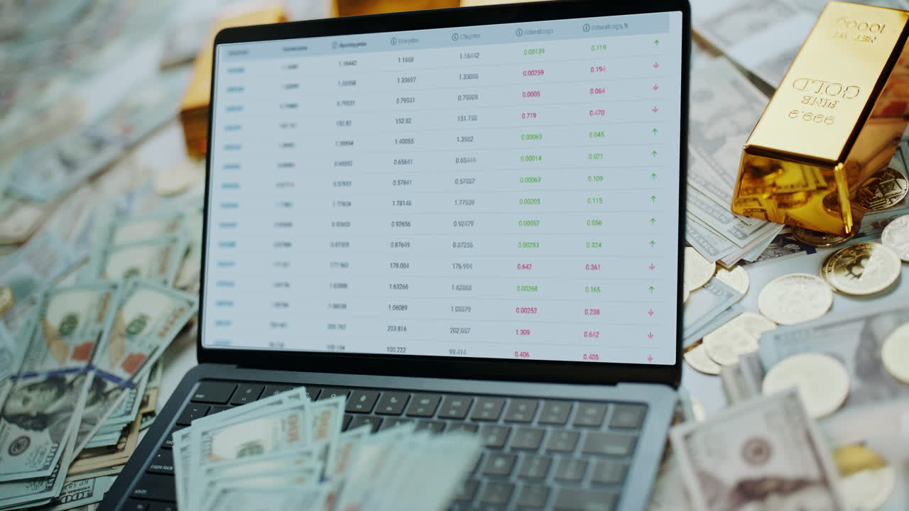 Money, Laptop, and Financial Charts