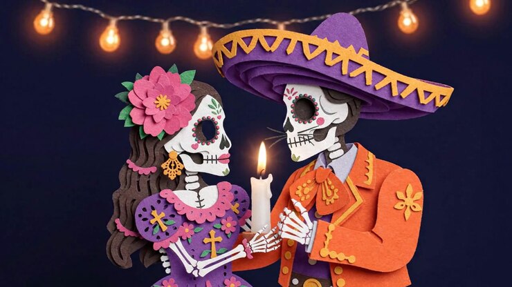 Celebrazione del Dia de los Muertos con una coppia di scheletri e una candela.