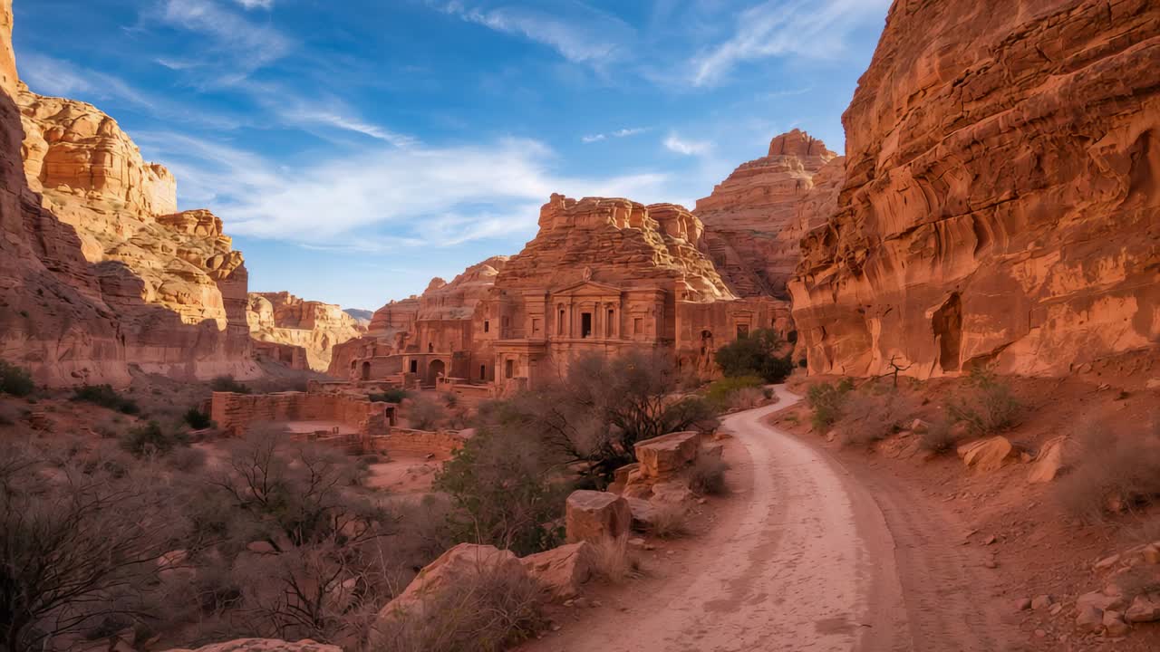Moving camera starting forward tracking, path entering frame and revealing carved facade in canyon