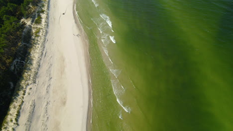 green tides crashing in white sand beach in osetnik poland - aerial shot