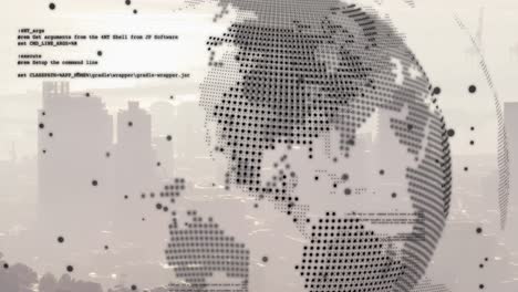 animation of data processing and globe over cityscape