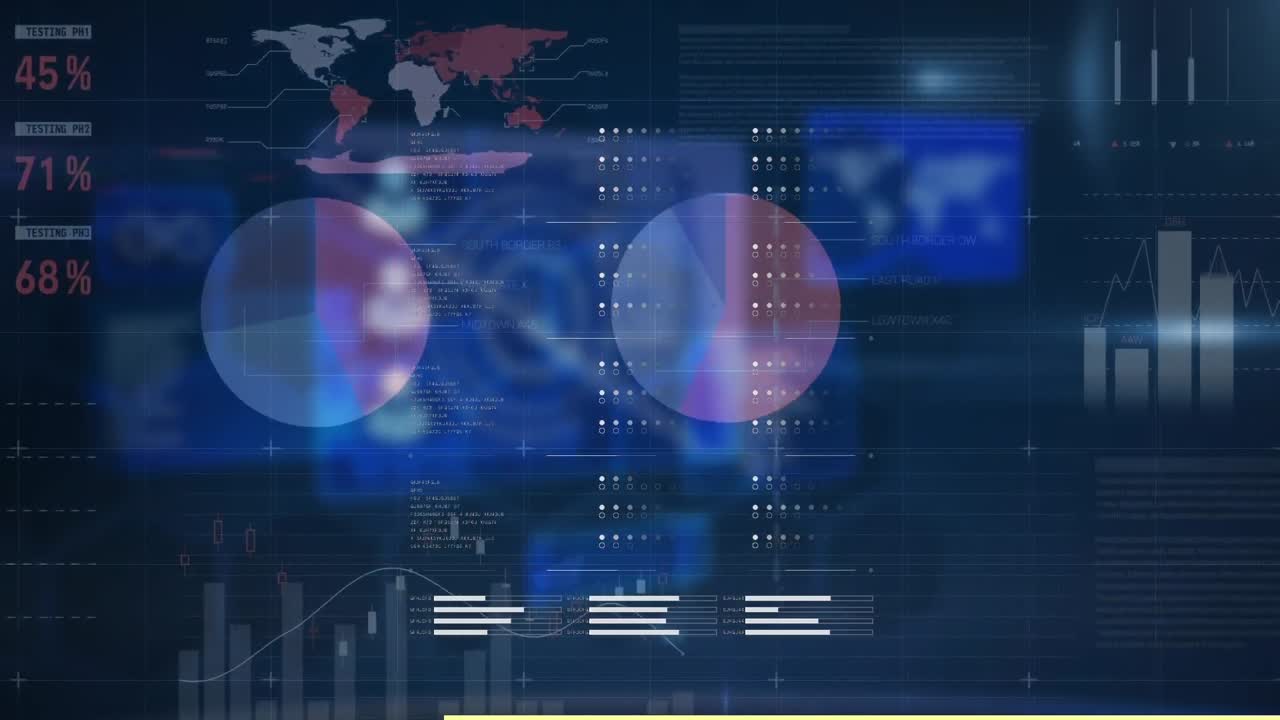animación de formas a través de la interfaz infográfica contra los escritorios, el panel posterior del hardware electrónico