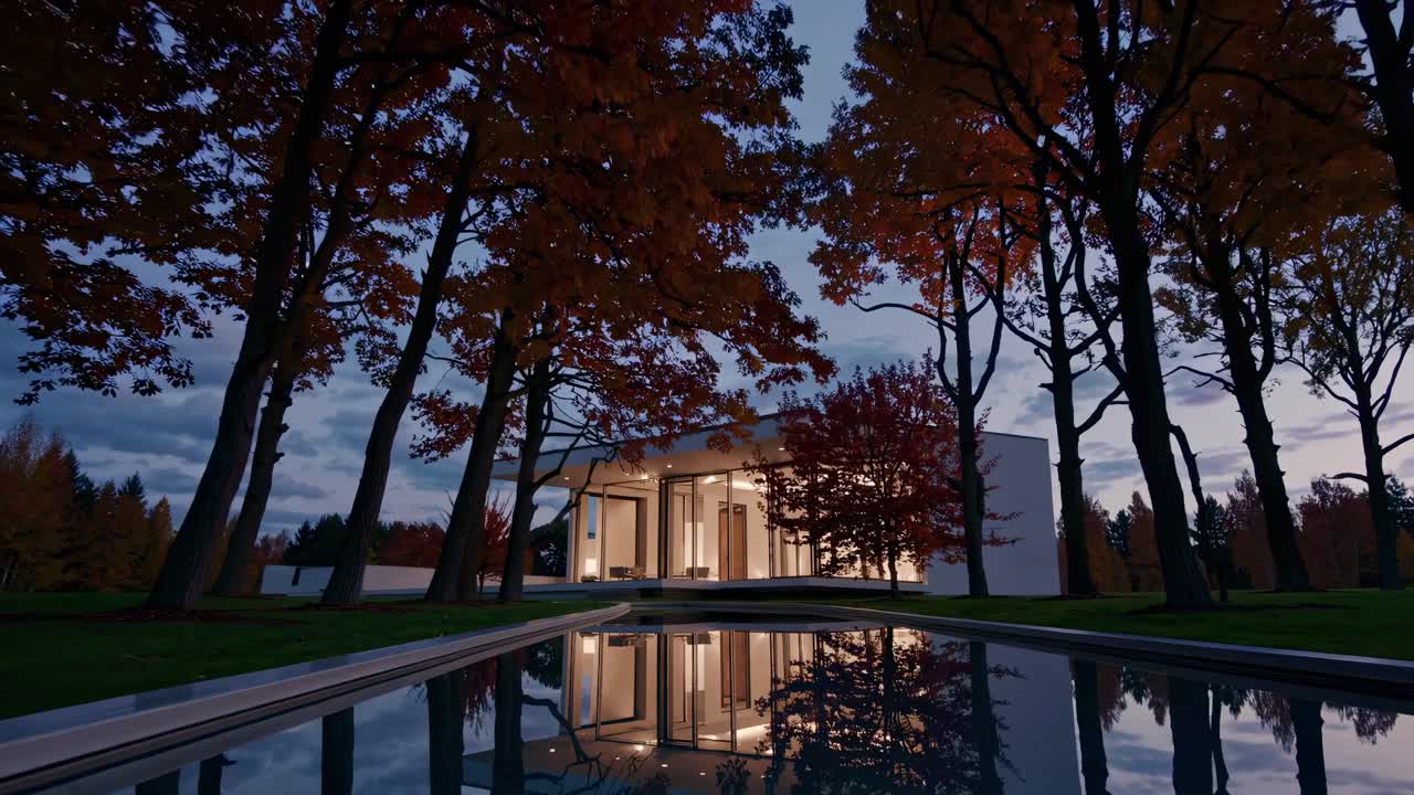 A modern house surrounded by autumn trees, captured at dusk with a low-angle shot