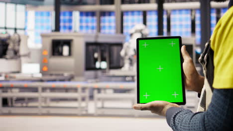 vertical video photovoltaics plant worker uses chroma key notebook to do maintenance