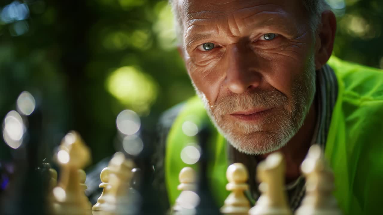A Thoughtful Strategy: An Intense Focused Chess Player Engaged in a Match Amidst Nature, Exhibiting Concentration and Skillful Moves in a Scenic Outdoor Setting