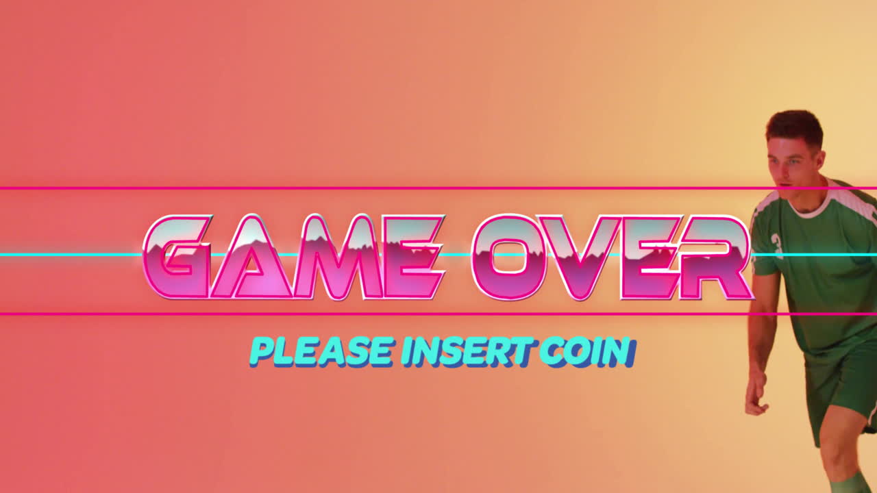 Game over and please insert coin animation over man running on gradient background