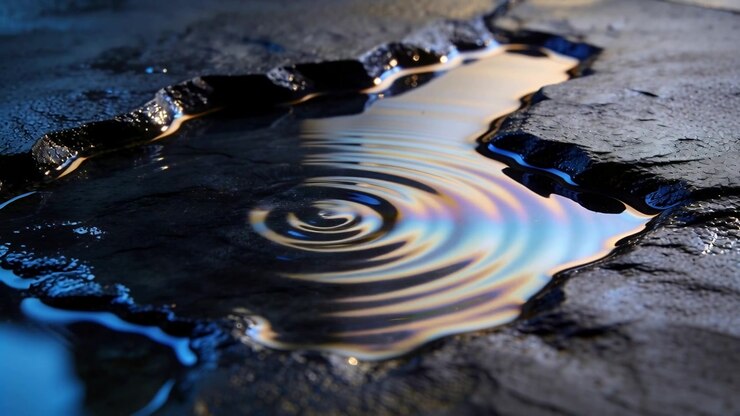 Droplet striking shallow puddle forming ripples on cracked pavement with stone edge and oil sheen