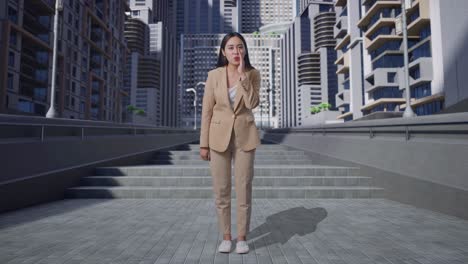 businesswoman whispering in cityscape