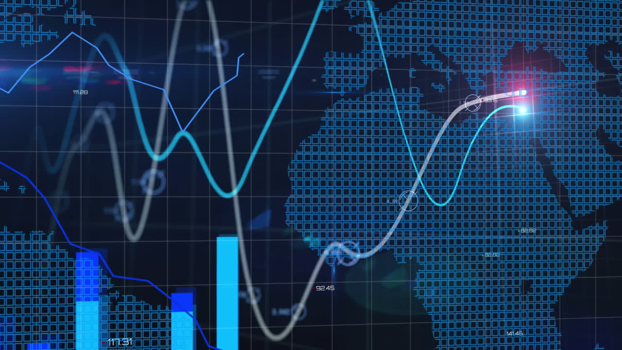 Animação de linhas com processamento de dados financeiros sobre mapa-múndi