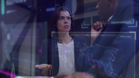 discussing global data processing, businesswoman with world map and digital interface