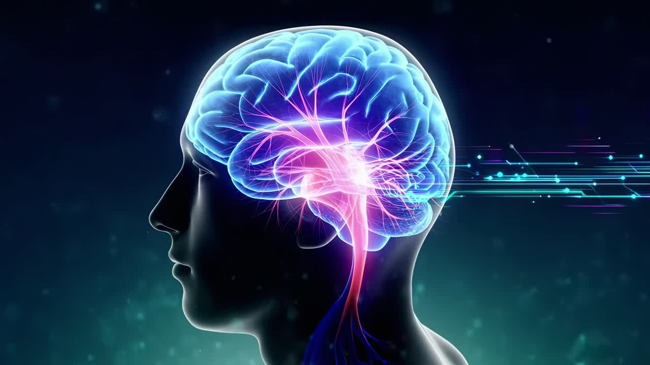 Side view of a glowing brain with digital effects, suggesting a futuristic video concept