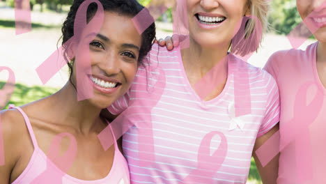 animation of multiple pink ribbon log over diverse group of smiling women