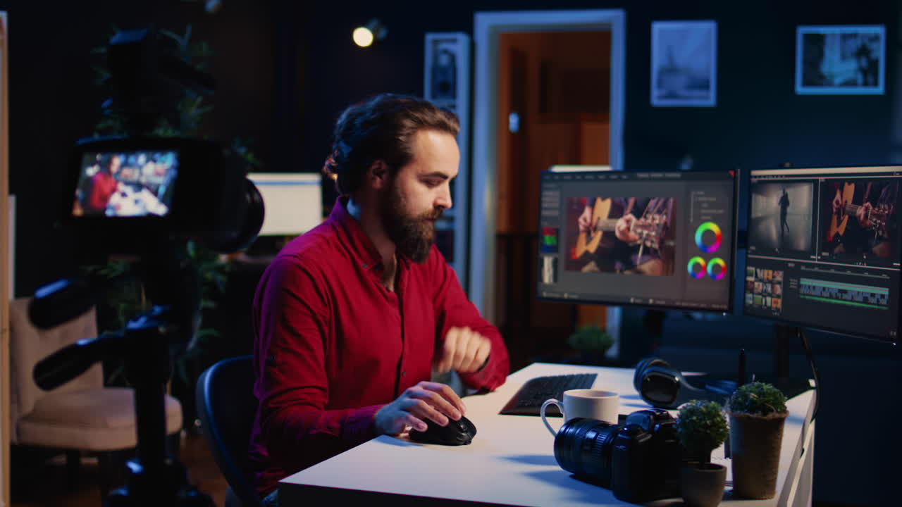 equipo de grabación utilizado por un experto en filmación tutorial en línea sobre la edición de imágenes