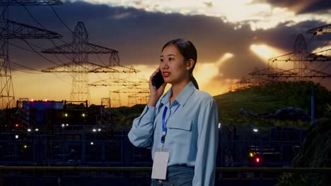 side view asian female professional worker standing near high voltage tower, industrial facility, she pick the phone up and started to specking to it with a slicely smile