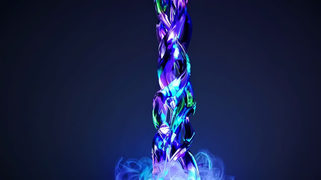 Vibrant twisting light sculpture with vivid green and blue colors set against a dark background. Wisps of smoke at the base