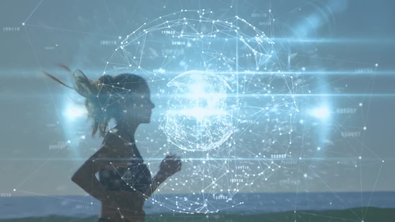 animación de redes de conexiones con el mundo sobre la mujer caucásica corriendo en la playa