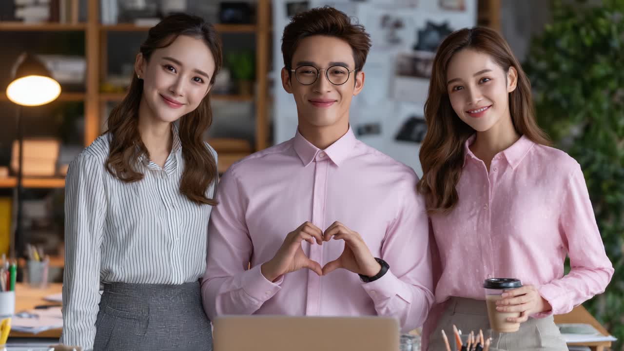 A Friendly Gathering of Three Smiling Individuals Making a Heart Shape Gesture in a Modern Office Environment, Celebrating Connection and Camaraderie