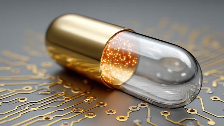 A transparent capsule filled with glowing particles rests on a circuit-board-like surface, symbolizing the fusion of technology and medicine in modern innovation