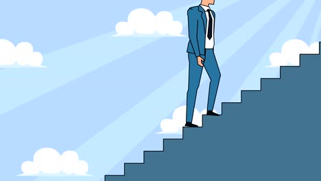 flat cartoon businessman character goes up the career ladder stairs animation