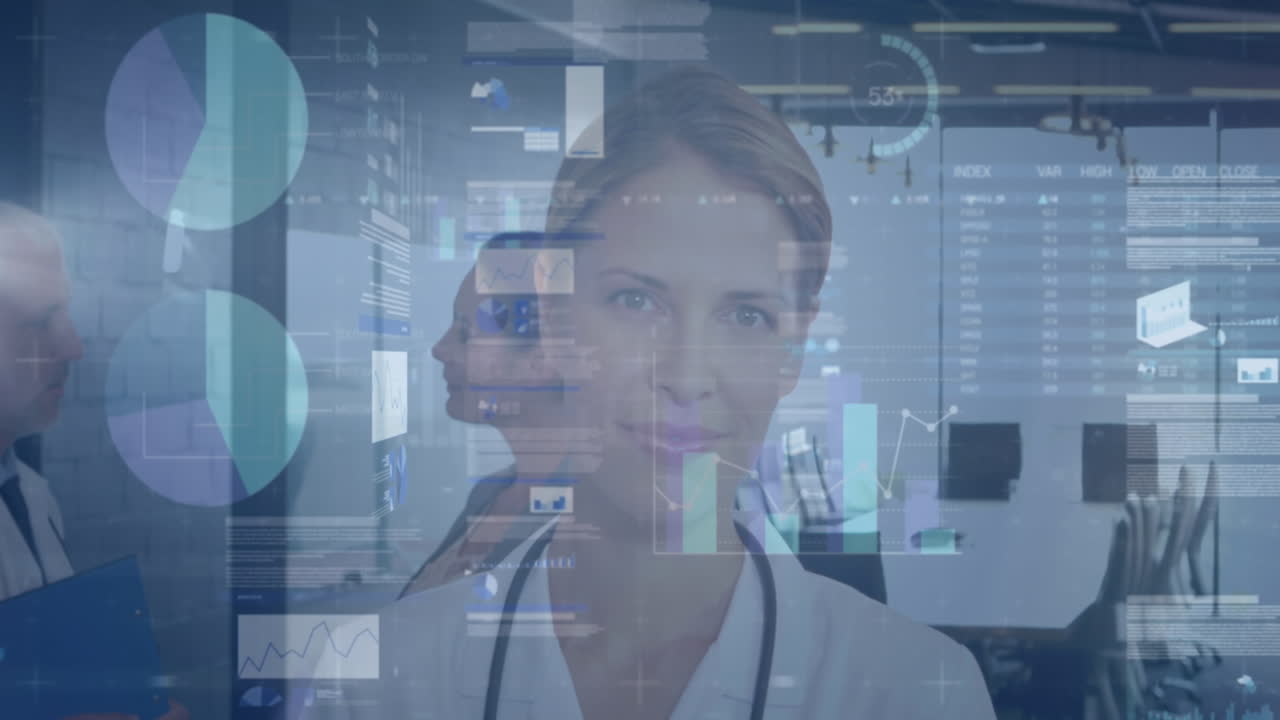 animación del procesamiento de datos financieros y estadísticas sobre las mujeres médicas caucásicas