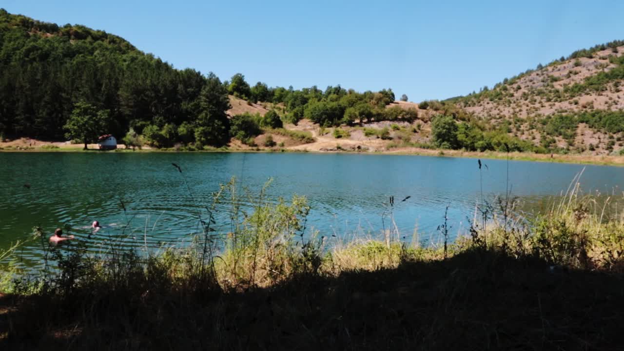 Two people swimming in a lake on a summer day