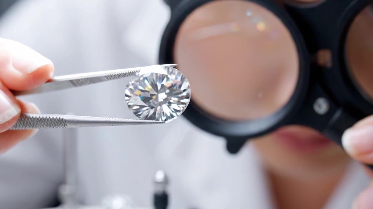 Un Gemmologo Ispeziona Attentamente un Diamante Brillante Attraverso Lenti d'Ingrandimento, Evidenziando gli Intricati Dettagli del Taglio, della Purezza e della Brillantezza della Gemma