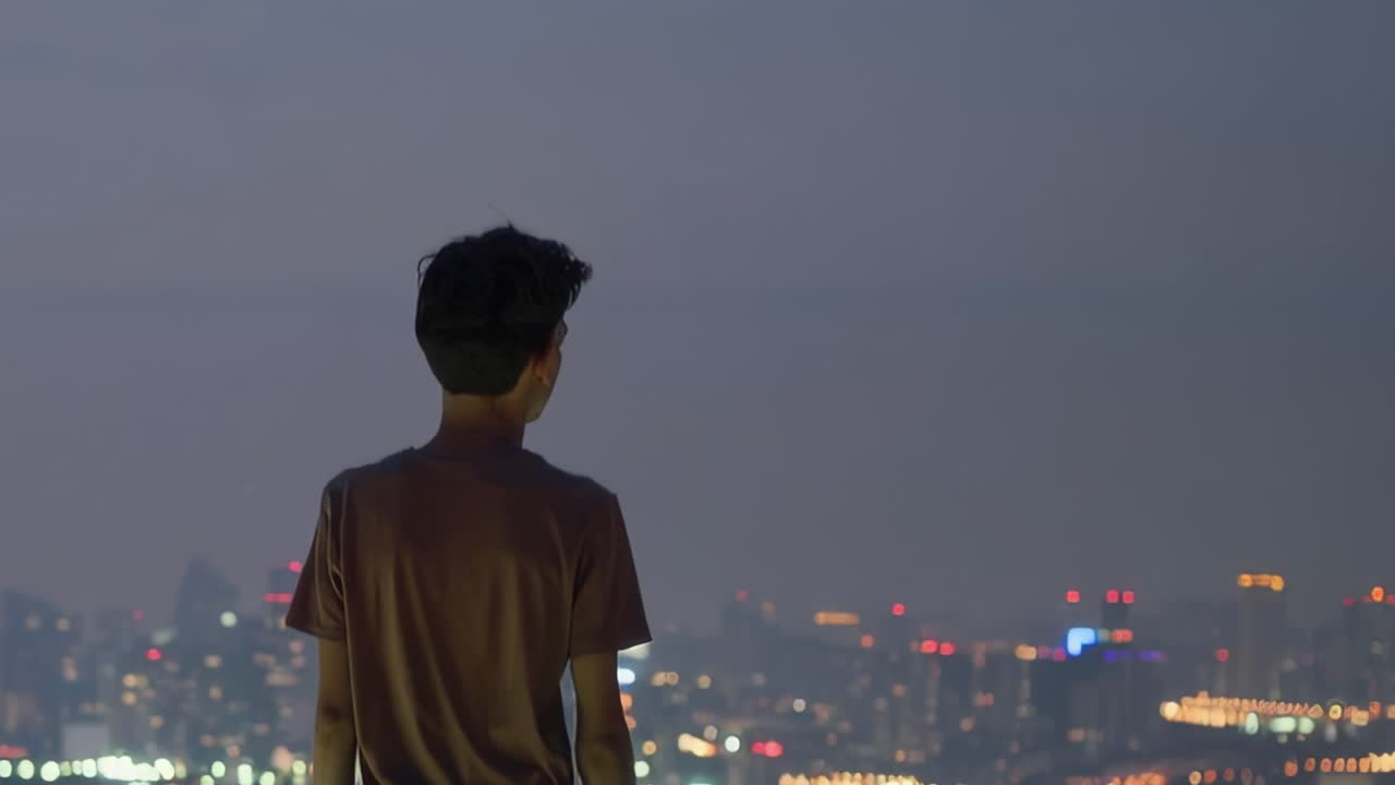 Young man stands on a rooftop at dusk, contemplating the illuminated cityscape stretching out before him, creating a serene yet urban scene