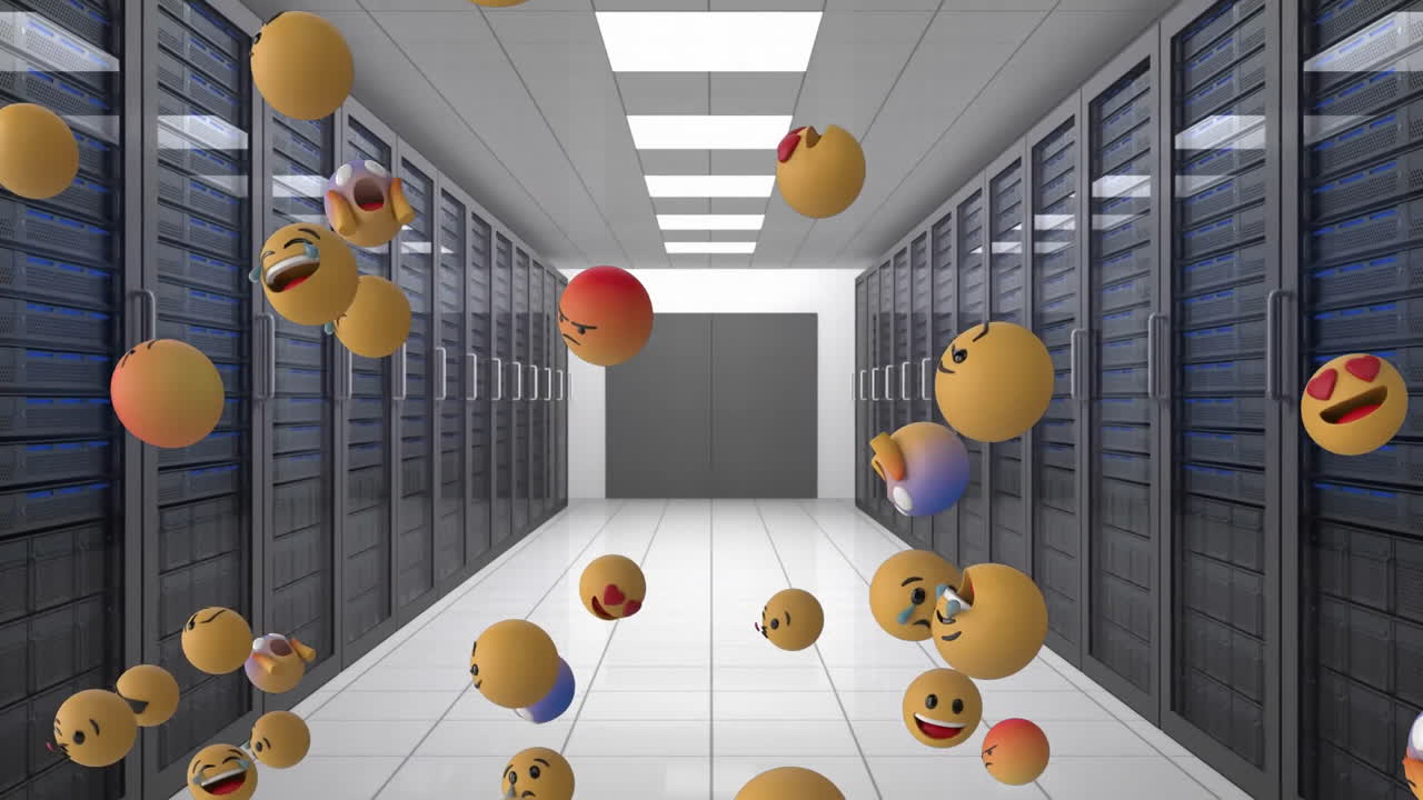 iconos de emoji con servidores de computadora en el fondo