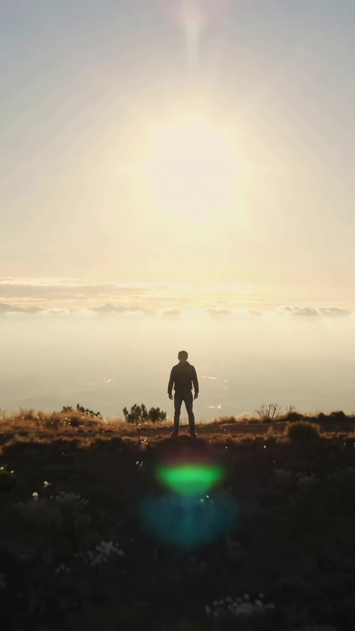 Video verticale: Telecamera che si allontana mostrando un uomo in cappotto su un crinale erboso che osserva il sole, con un bagliore verde.