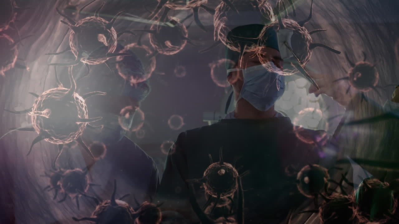 코로나바이러스 코로나19의 확산 애니메이션, 배경에는 의료진이 있습니다.