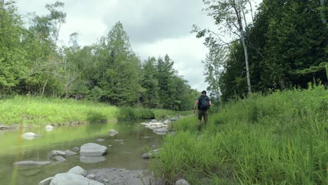 lone hiker walks along rocky river bank cloudy summer day with forest background and cloudy grey skies