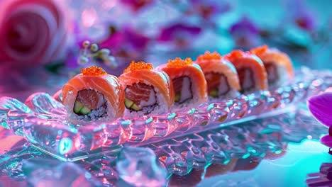 Vibrant Salmon Sushi Rolls on a Decorative Platter
