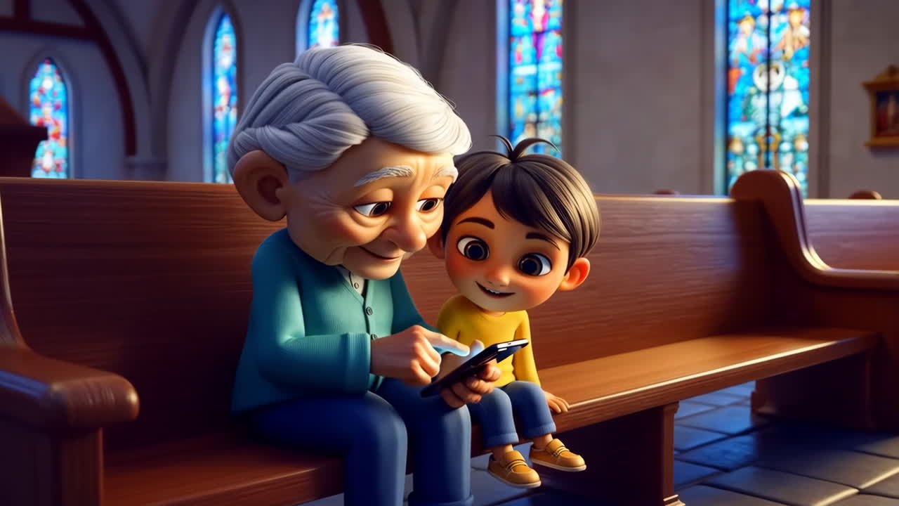 Tegning af bedsteforælder og barnebarn, der kigger på en telefon i en kirke