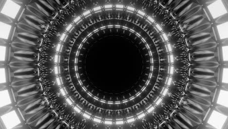 círculos giratorios y pulsantes que se abren en un bucle infinito, animación cgi 3d en blanco y negro