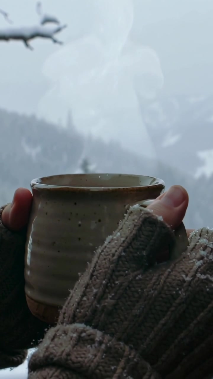 Video verticale: Guanti senza dita, che suggeriscono il freddo, che tengono una tazza di ceramica su un crinale innevato, con vapore che si disperde.