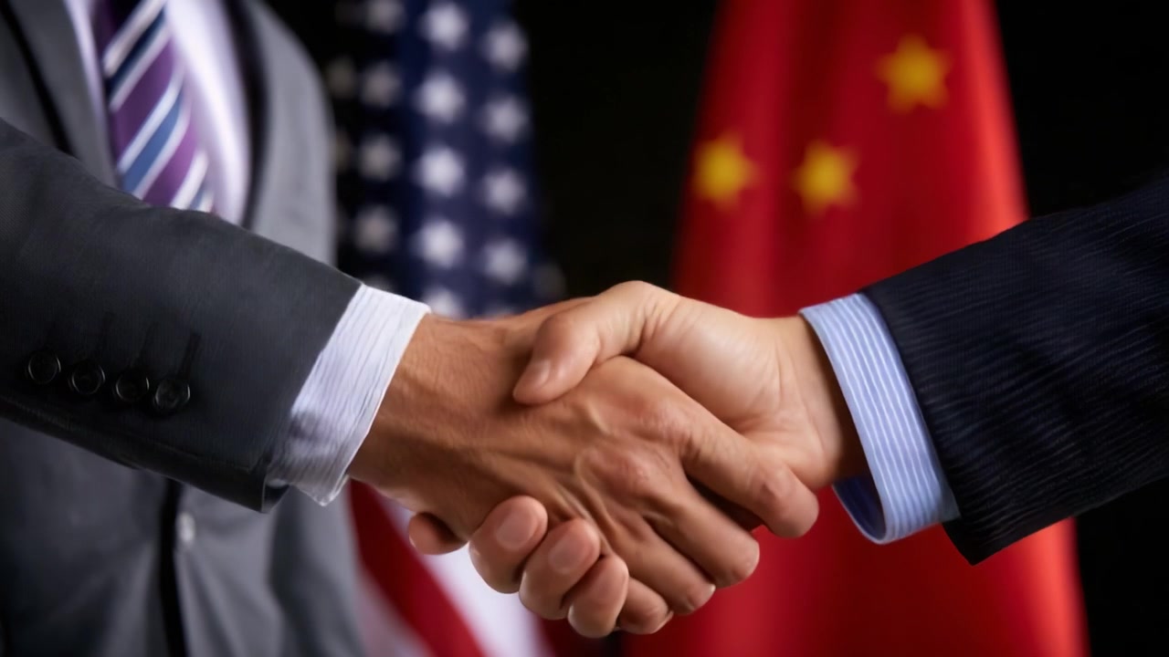 A Historic Handshake Signifying Cooperation Between Nations, Set Against Flags Representing United States and China in a Formal Diplomatic Context.