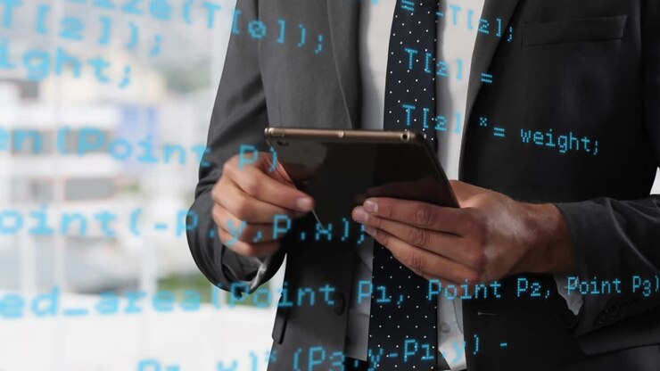 Animation of computer data floating over Caucasian man wearing a suit using a digital tablet