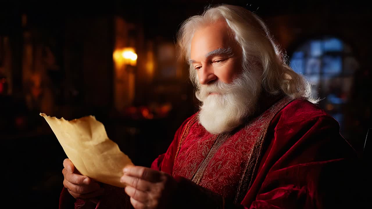 A serene figure with a flowing white beard and a deep red robe, engaged in the moment of reading a carefully preserved parchment, illuminated by warm candlelight, evoking a sense of nostalgia and wisdom