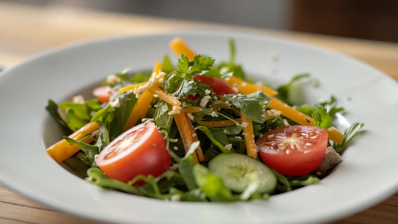 Holding focus causing camera gliding on wooden kitchen table revealing salad on white ceramic plate