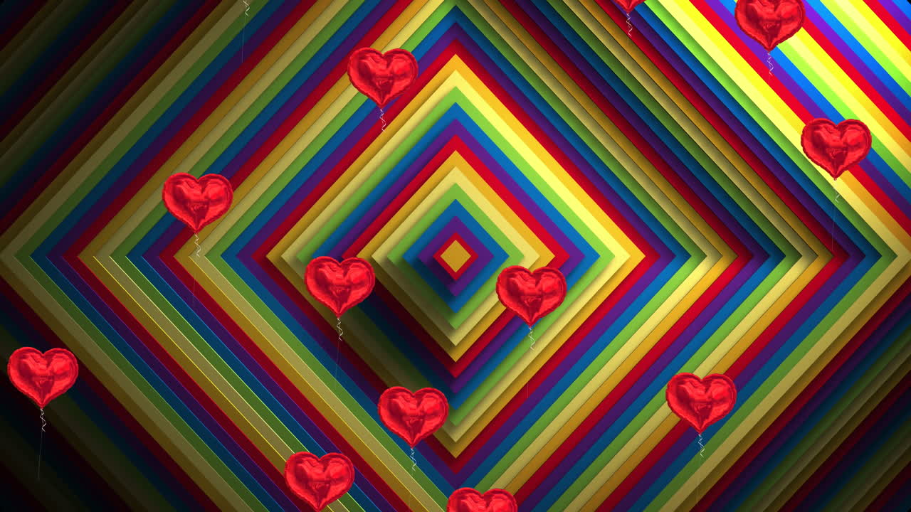 Animation of pride lgbtq hearts and rainbow shapes background