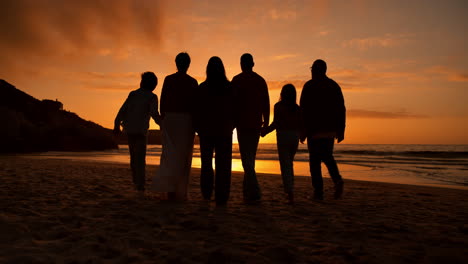 sunset, walking and silhouette of family