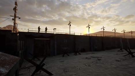 Perimeter-survival-defense-wall-in-desert-arid-environment,-with-2-soldiers-guarding,-on-sunset,-3D-animation,-animated-scenery,-camera-dolly-up