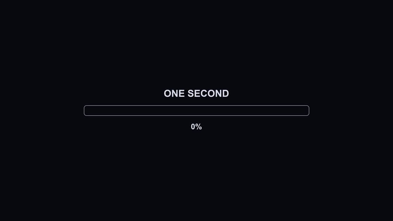 Un'animazione con barra di avanzamento appare su uno sfondo scuro. Indica un secondo con una vivace gradazione di colori e mostra lo stato al 100% di completamento per la produzione video.