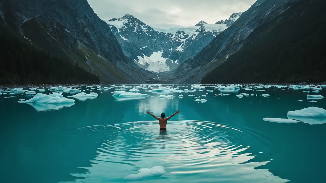 Embracing Nature's Majesty: A Serene Moment of Outdoor Swimming in an Icy Blue Lake Surrounded by Majestic Mountains and Floating Icebergs