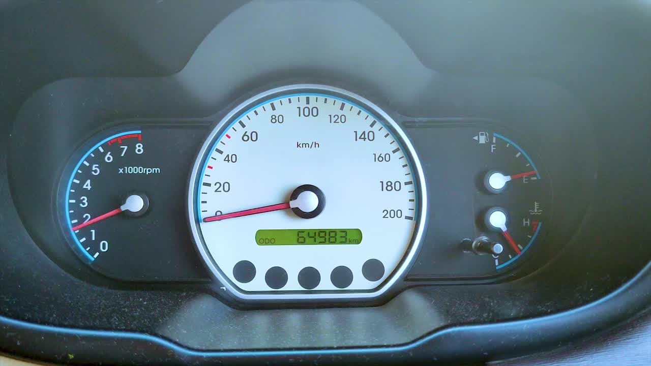 Close up of speedometer in kmph gauge of car and increasing rpm after accelerating. Full HD