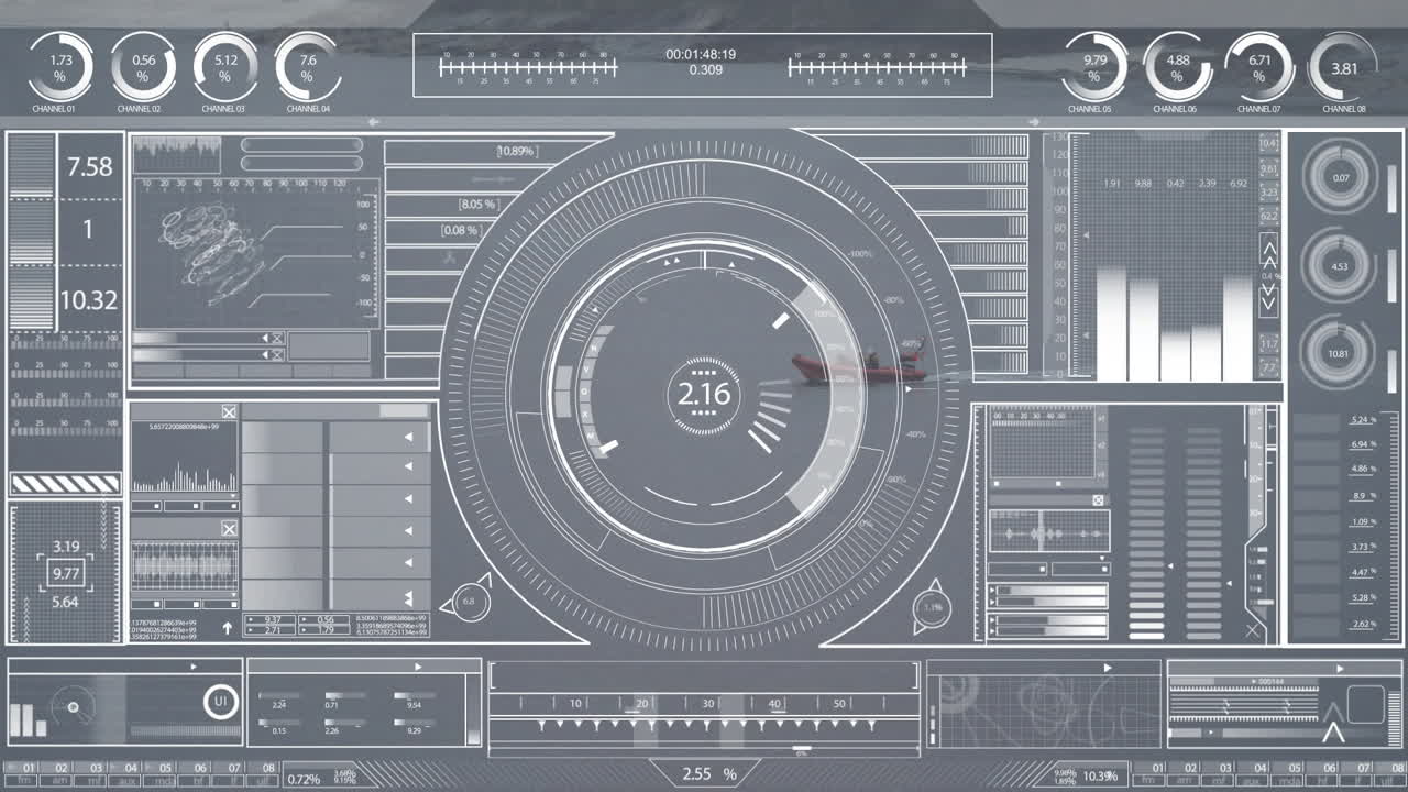 футуристическая анимация обработки данных с круговым интерфейсом и различными диаграммами