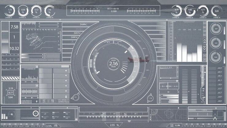Futuristic data processing animation with circular interface and various charts